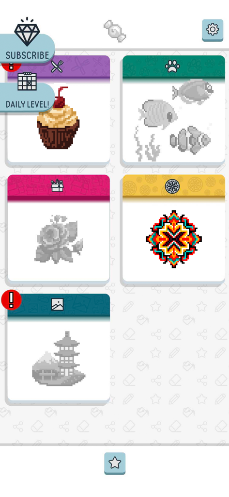 Pixelicious - Number Coloring - Pixel art gallery showing various cross-stitch patterns including a cupcake and a mandala.