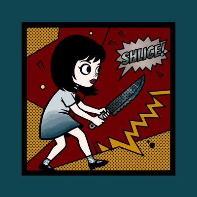 creepy girl with huge eyes holding a knife