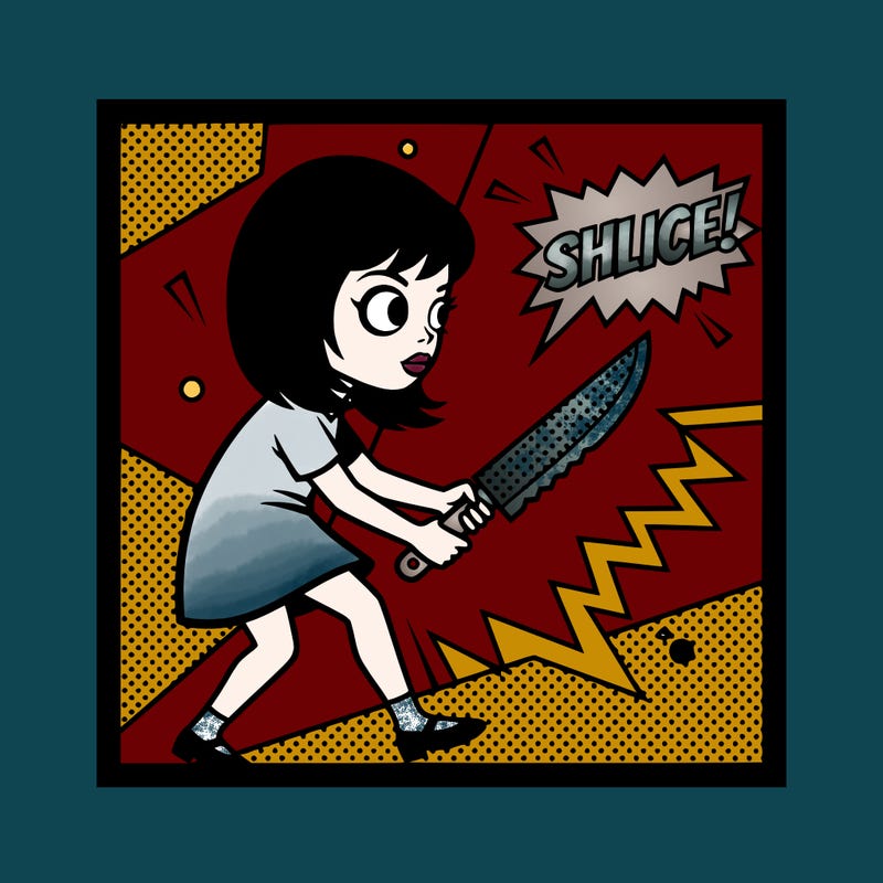 creepy girl with huge eyes holding a knife