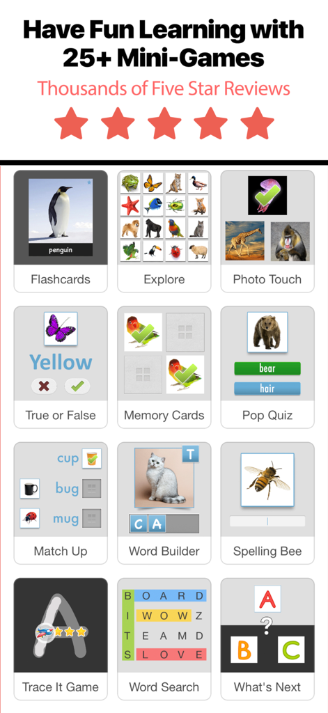 Bitsboard Flashcards PRO - A grid showcasing several educational mini-games available in the Bitsboard Flashcards PRO app such as spelling bee word search and flashcards