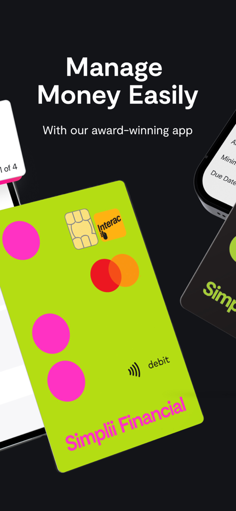 Simplii Financial - Simplii Financial Mobile Banking App mit einer leuchtend grünen Debitkarte und dem Text Geld einfach verwalten