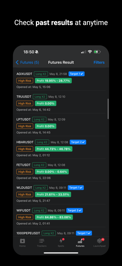 A list of past crypto futures trading results showing profit percentages and high risk signals