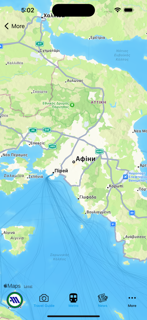 Athens Subway Map - Vista mappa di Atene e del Pireo nell'applicazione mobile Mappa Metropolitana di Atene