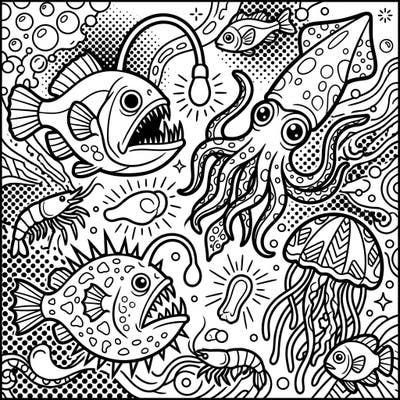 Explore the mysterious beauty of the ocean's depths with this vibrant Pop Art coloring page featuring fascinating deep sea creatures. Its bold lines and dynamic patterns promise an engaging and exciting coloring experience for all ages.