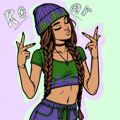realistic teenage girl with braids and a beanie and crop top doing 🫶🏼