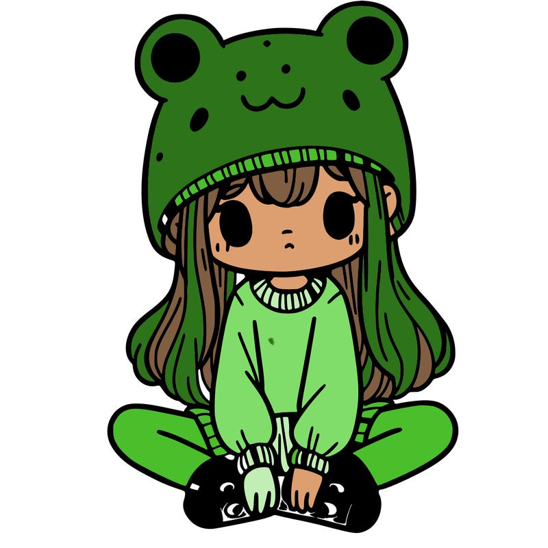 a girl wearing a frog hat and some frog socks