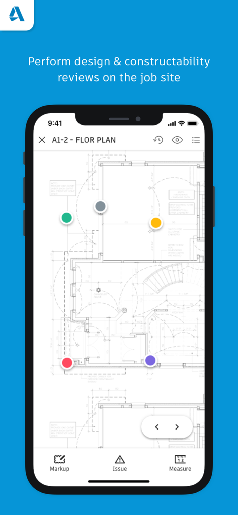 Autodesk BIM 360 app showing a digital floor plan with colorful markup pins on a mobile phone screen.