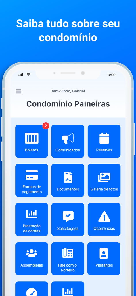 Main dashboard of the Condominio mobile app showing property management features in Portuguese