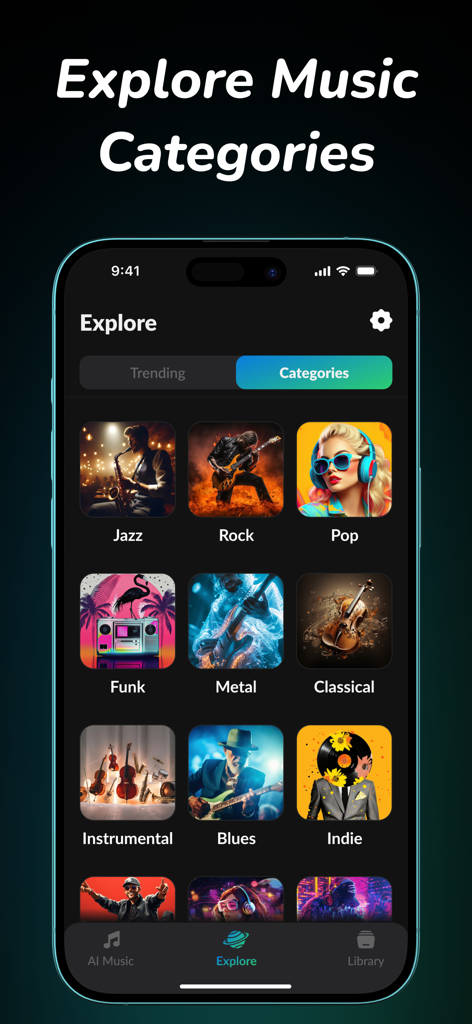 AI Song Maker ~ SuperAI Music - The Explore screen of the AI Song Maker app displaying various music genre categories like Jazz, Rock, Pop, and Funk.