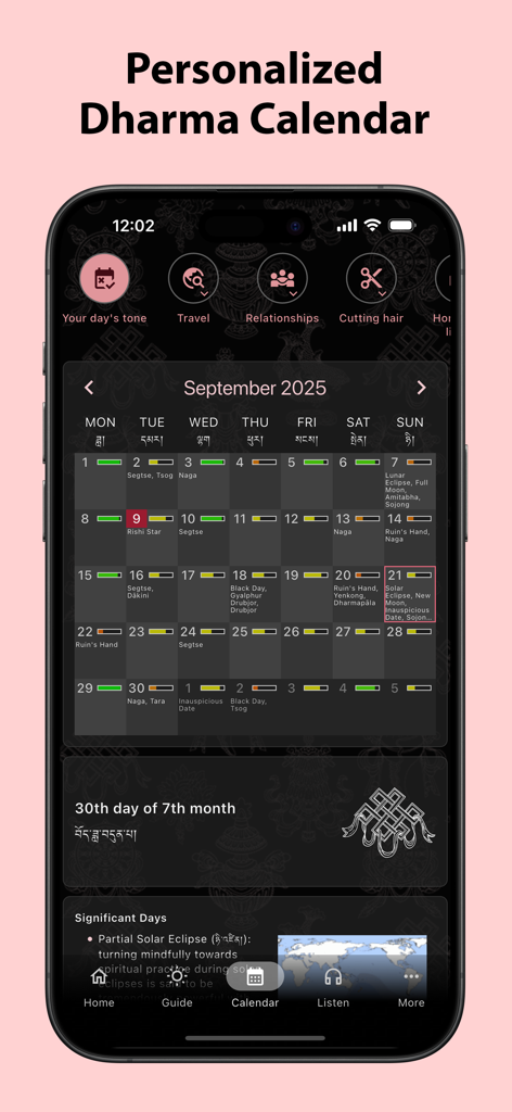 Vista del calendario Dharma tibetano personalizado en la aplicación Astromunk mostrando días auspiciosos para viajar y actividades.