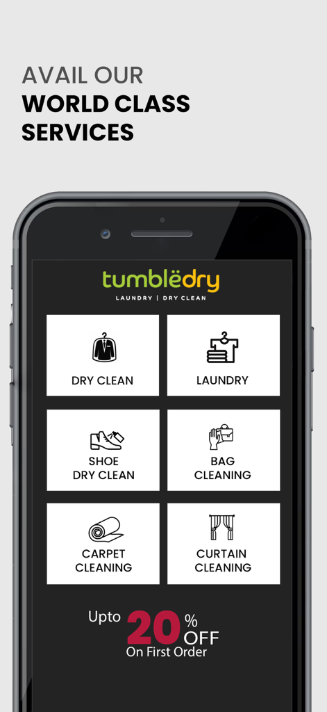 Tumbledry Dry Clean & Laundry - Interface de l'application mobile Tumbledry affichant les services de blanchisserie, de nettoyage à sec, de chaussures, de sacs, de tapis et de rideaux.