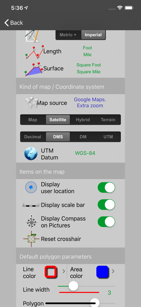 Agro Measure Map Pro - Settings screen of Agro Measure Map Pro showing configuration for units map sources coordinate systems and display options