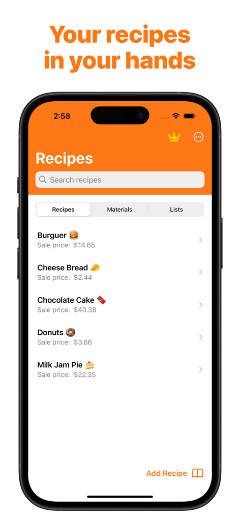 A list of food recipes with their individual selling prices shown on a mobile app interface.