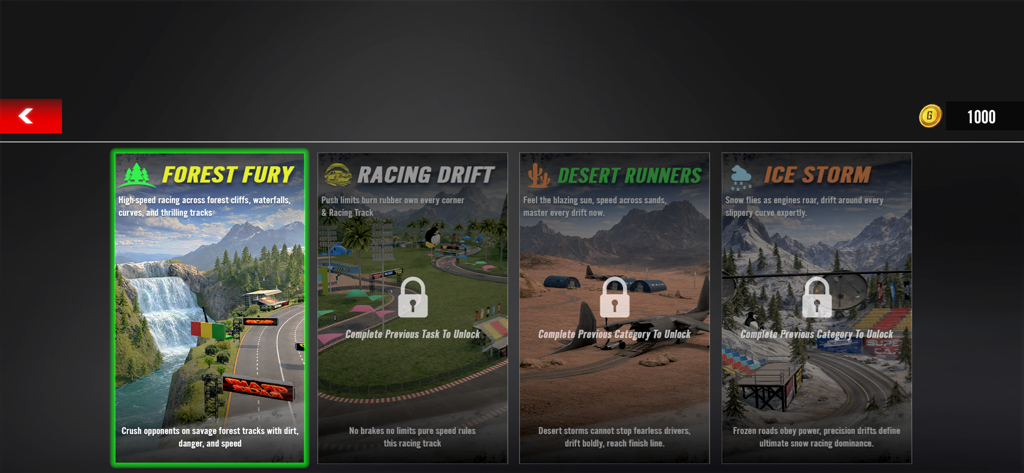Car Modification Drift Race - Tela do menu do jogo mostrando quatro ambientes de corrida diferentes, incluindo Forest Fury, Desert Runners e Ice Storm