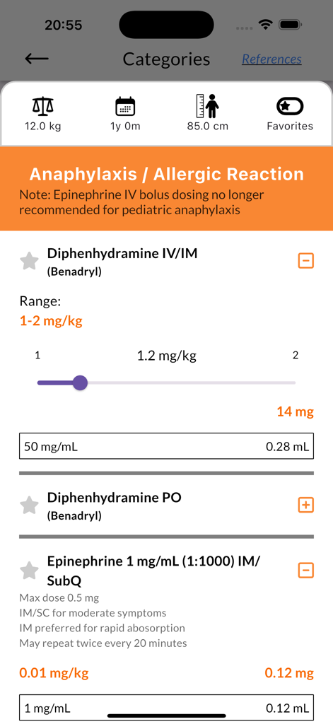 Pedi STAT EMS - Pedi STAT EMS画面。アナフィラキシー治療のための小児薬剤用量と量が表示されます。