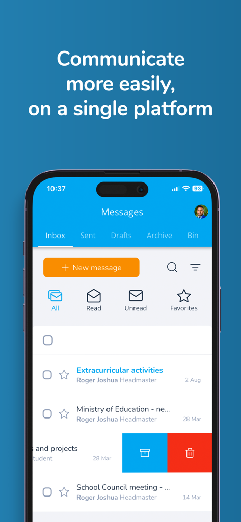 Adservio - Adservio app messaging screen showing the inbox for school communication and news