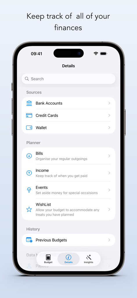 Budgeted - Budgetedアプリのモバイルインターフェースには、銀行口座などの財務ソースと、請求書やウィッシュリストなどのプランナー機能が表示されています。