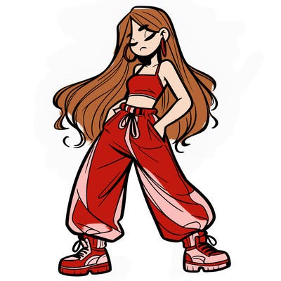 girl in baggy pants crop top and long hair