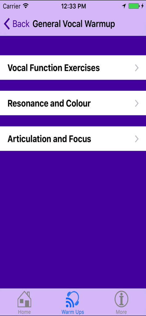 Being in Voice - Vocal warmup menu screen in the Being in Voice app showing options for vocal function, resonance, and articulation exercises.