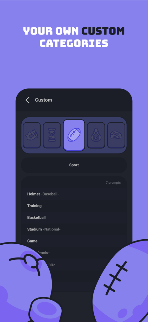 App screen showing custom art prompt categories with a sports theme selected and a list of drawing ideas like Helmet and Basketball.