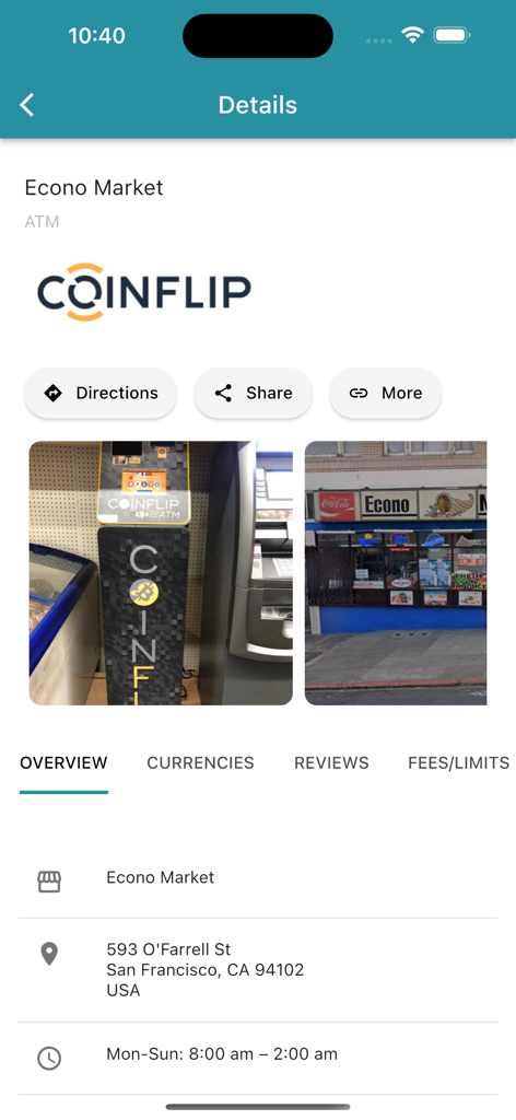 CoinATMRadar app detail screen for a Coinflip Bitcoin ATM at Econo Market in San Francisco