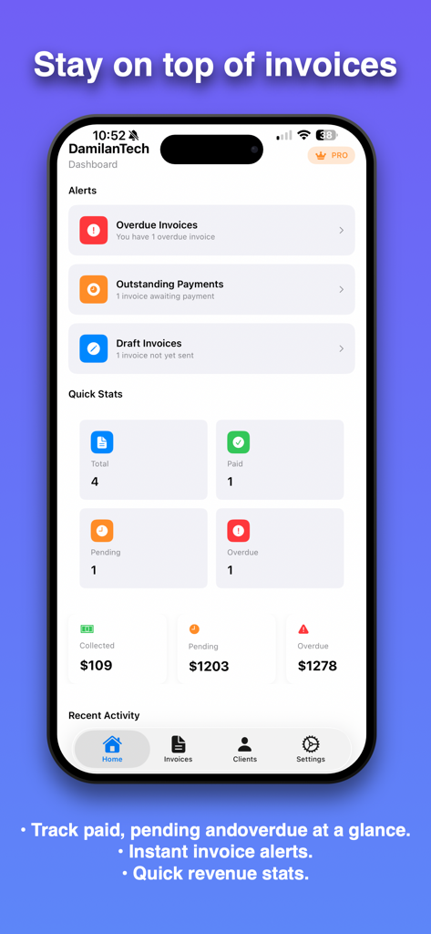 Docs Maker: Invoice Maker - Mobile app dashboard showing invoice alerts and financial statistics