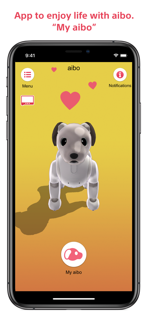 Pantalla de inicio de la aplicación My aibo mostrando un perro robótico virtual e iconos de corazón
