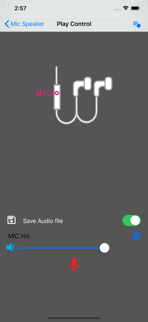 Interface of the Mic Speaker app showing microphone volume slider and save audio file option