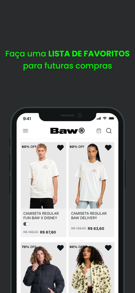 Interfaz de la aplicación móvil BAW Clothing que muestra un catálogo de productos de streetwear con un icono de corazón para guardar artículos favoritos para futuras compras.