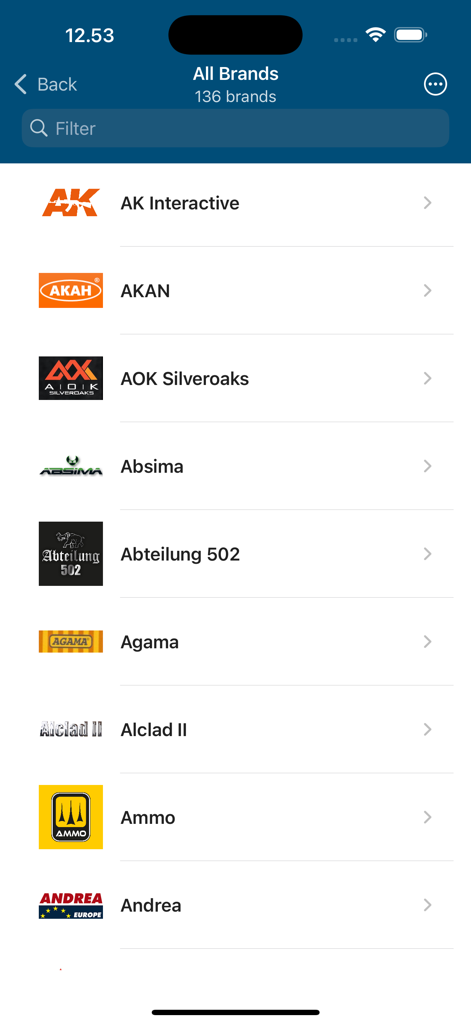 Un elenco delle marche di colori per modellismo disponibili nell'app Model Colors, inclusi AK Interactive e Ammo