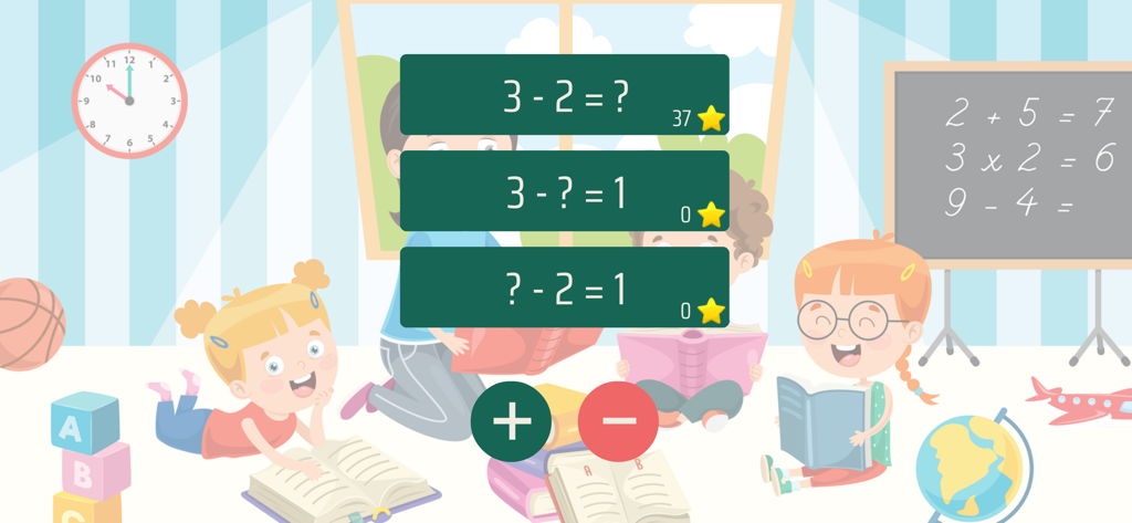 Вычитание и сложение до 10 - Subtraction math problems displayed on an educational app for children with a classroom background