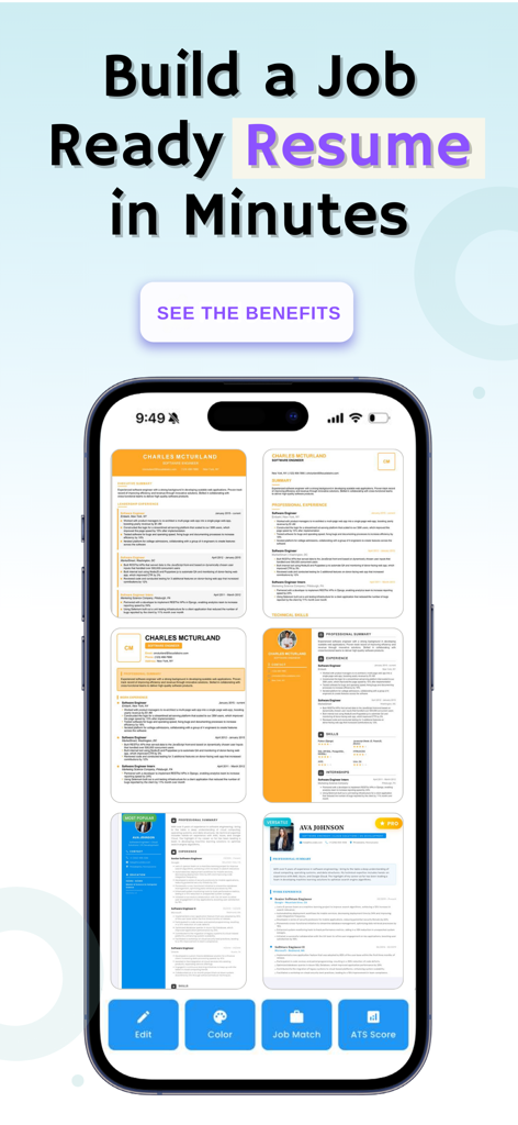 Resume generator AI: ResAI - ResAI mobile app screen displaying multiple professional resume template designs