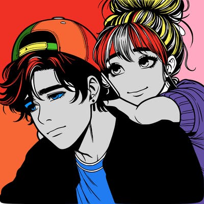 a young boy with a baseball hat with a young adult girl with a messy bun laying her head on his shoulder in a comic book style