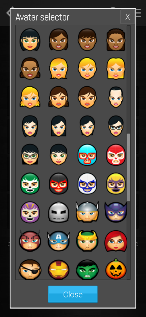 Menu di selezione avatar che mostra varie icone di personaggi per i profili dei giocatori