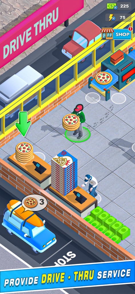 My Pizza Shop Simulator Game - レストラン経営ゲームで、キャラクターがドライブスルーの窓口で車にピザの山を提供している様子。