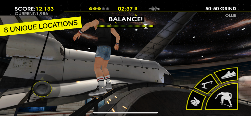 A skater performing a 50-50 grind on a rail near a space shuttle in a museum.