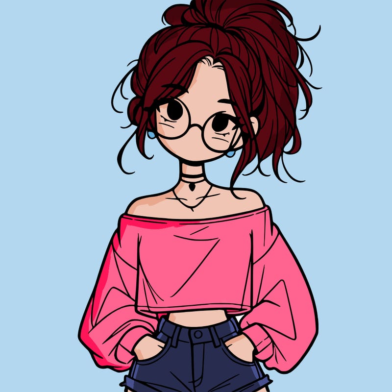 girl with a messy ponytail glasses a baggy crop top and jean shorts
