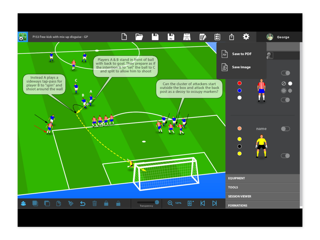 Tactics Manager app interface showing a soccer free-kick drill with tactical diagrams and player icons