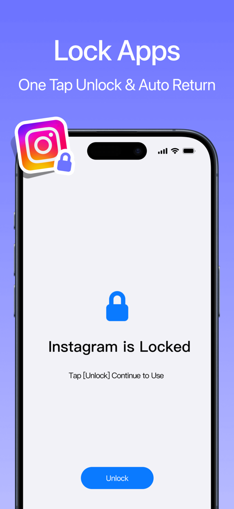 Calculator AppLock - Lock Apps - Una pantalla de teléfono inteligente que muestra una interfaz de bloqueo de aplicaciones para Instagram con un botón de desbloqueo.