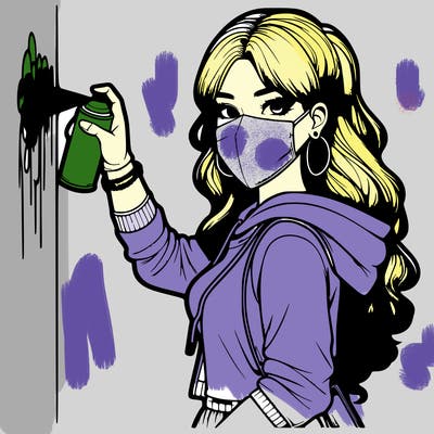 realistic girl with mask spray painting a wall