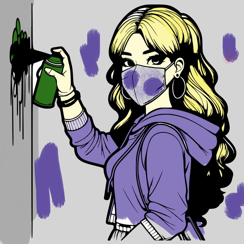 realistic girl with mask spray painting a wall