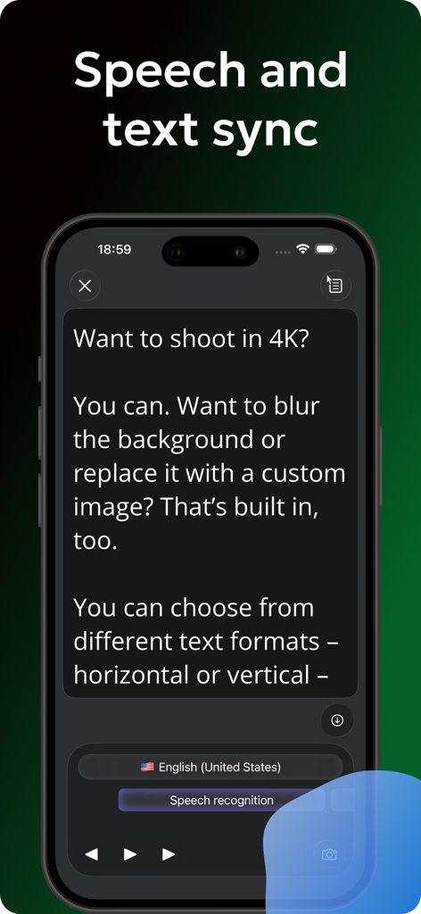Smartphone que muestra la función de sincronización de voz y texto en la aplicación Teleprompter Automático.