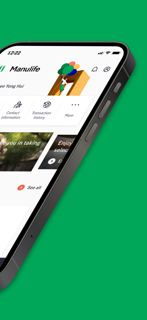 Interface of the Manulife Singapore mobile app on a smartphone screen showing policy management options.