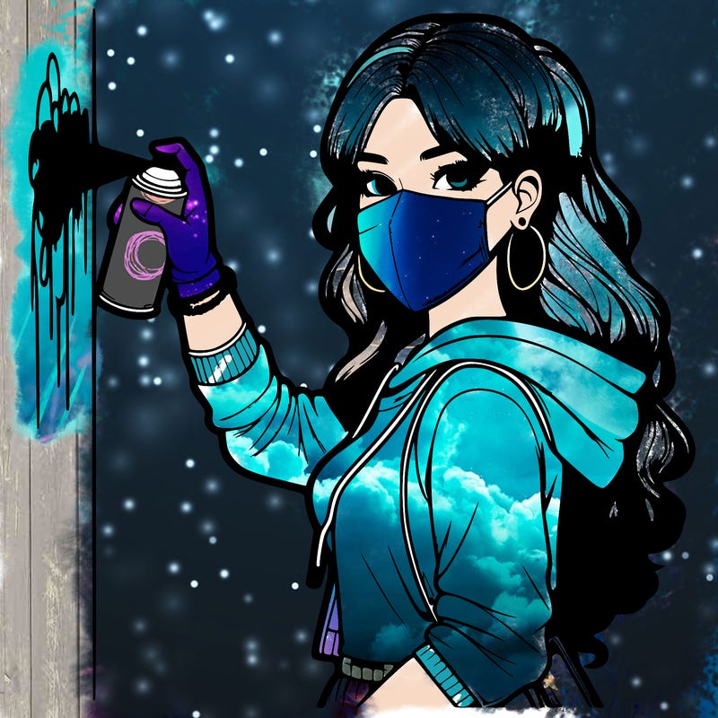 realistic girl with mask spray painting a wall