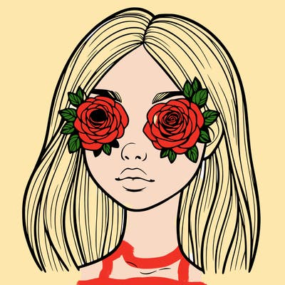 a realistic girl with roses for eyes