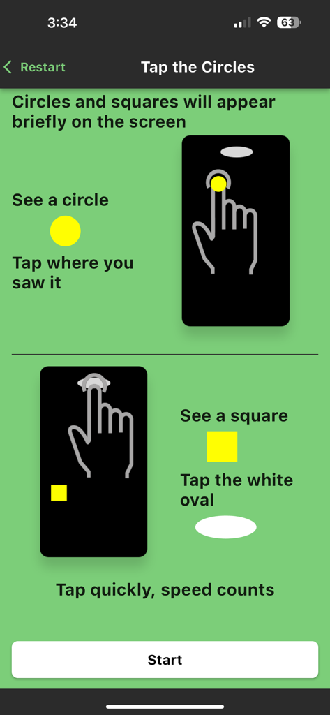 DRUIDapp - Instruction screen for the DRUIDapp Tap the Circles cognitive and motor function test