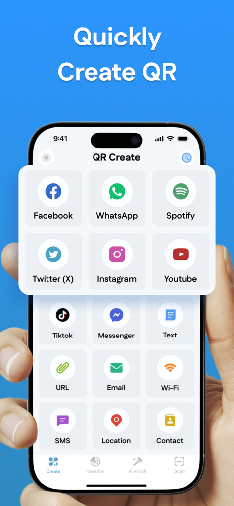 Interface of the EasyQR Code Scan app showing a menu of social media and utility options to quickly create personalized QR codes