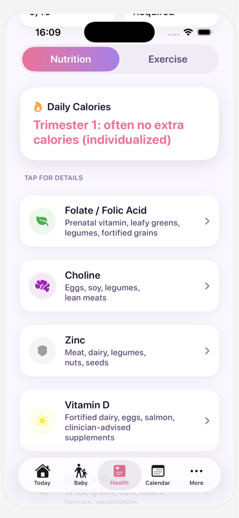 Mom Plus Pregnancy Tracker - Mom Plus app screen showing nutrition guidance and a list of essential prenatal nutrients including Folate Choline Zinc and Vitamin D