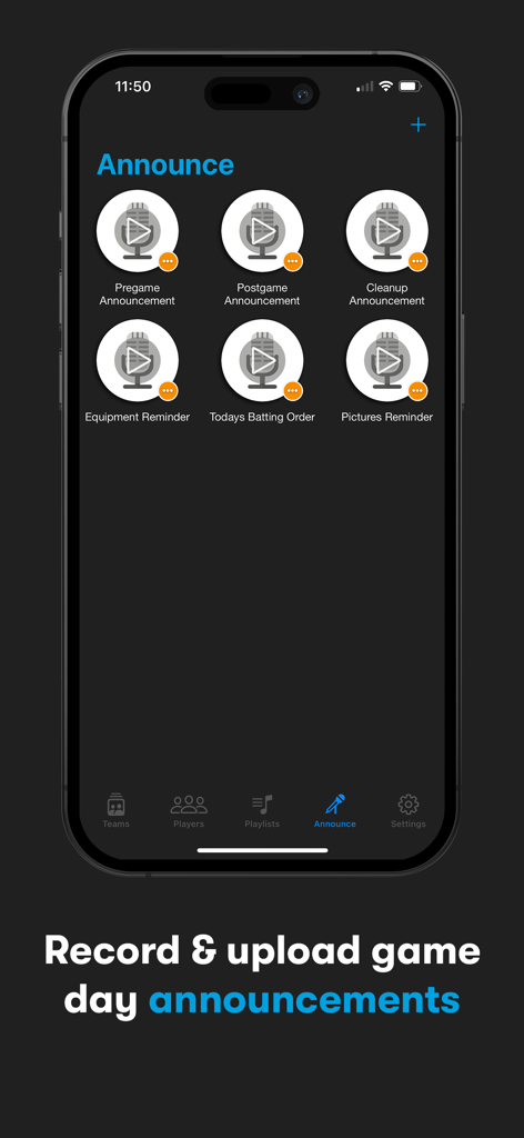 Next Batter Up: Walk-Up Music - Next Batter Up app screen for recording and managing game day announcements for youth sports teams