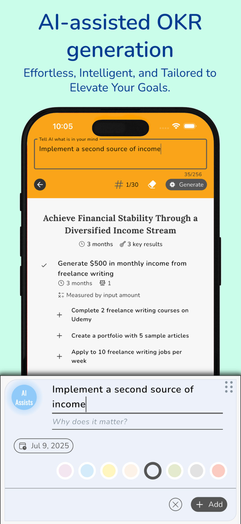 My OKR - Achieve What Matters - My OKRアプリで財務目標のAI支援OKR生成を表示するインターフェース
